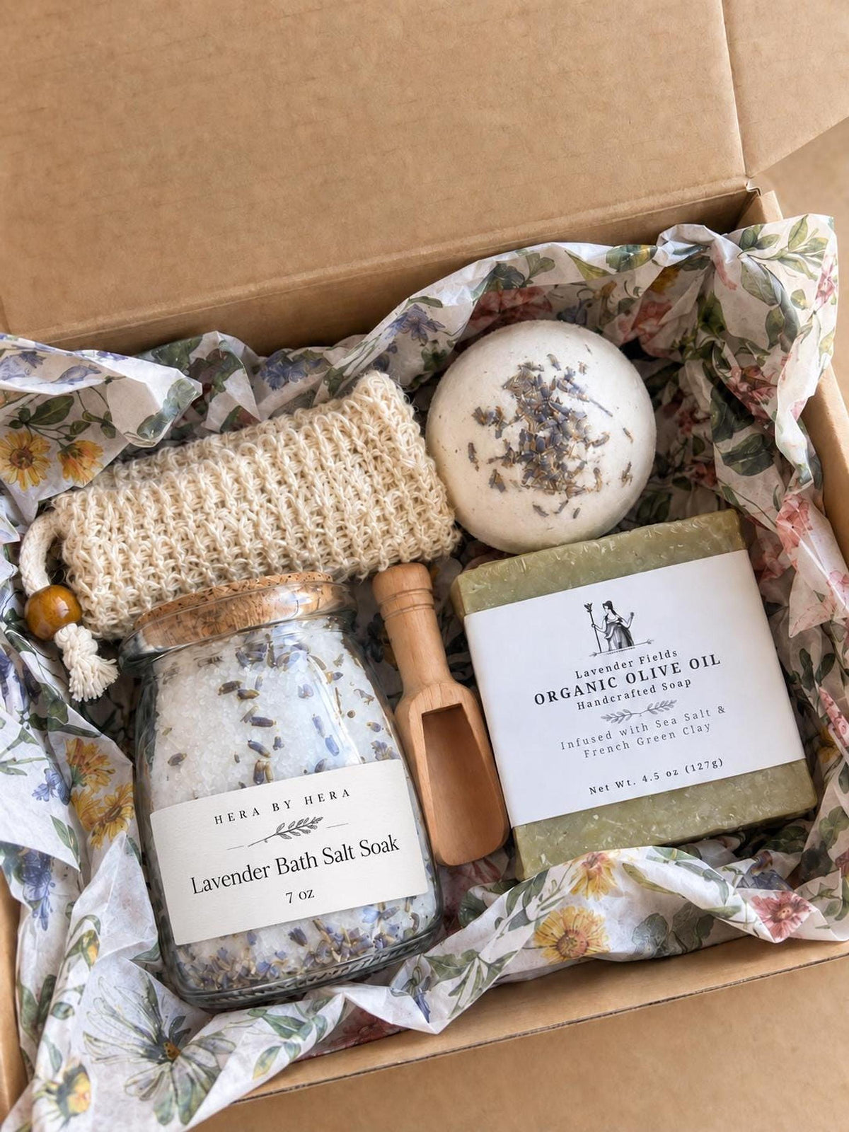 Lavender Spa Gift Set, Bath Salt And Olive Oil Soap In Kraft Box
