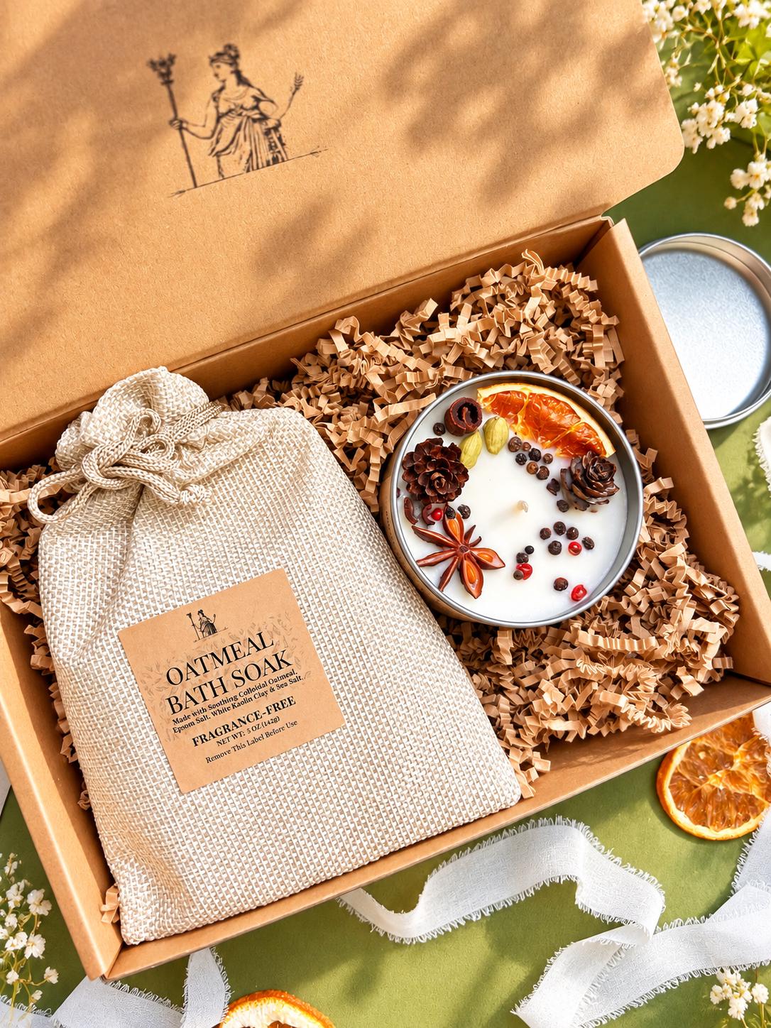Cozy Bath Gift Set with Oatmeal Bath Soak & Candle | Relaxing Self Care Gift for Her