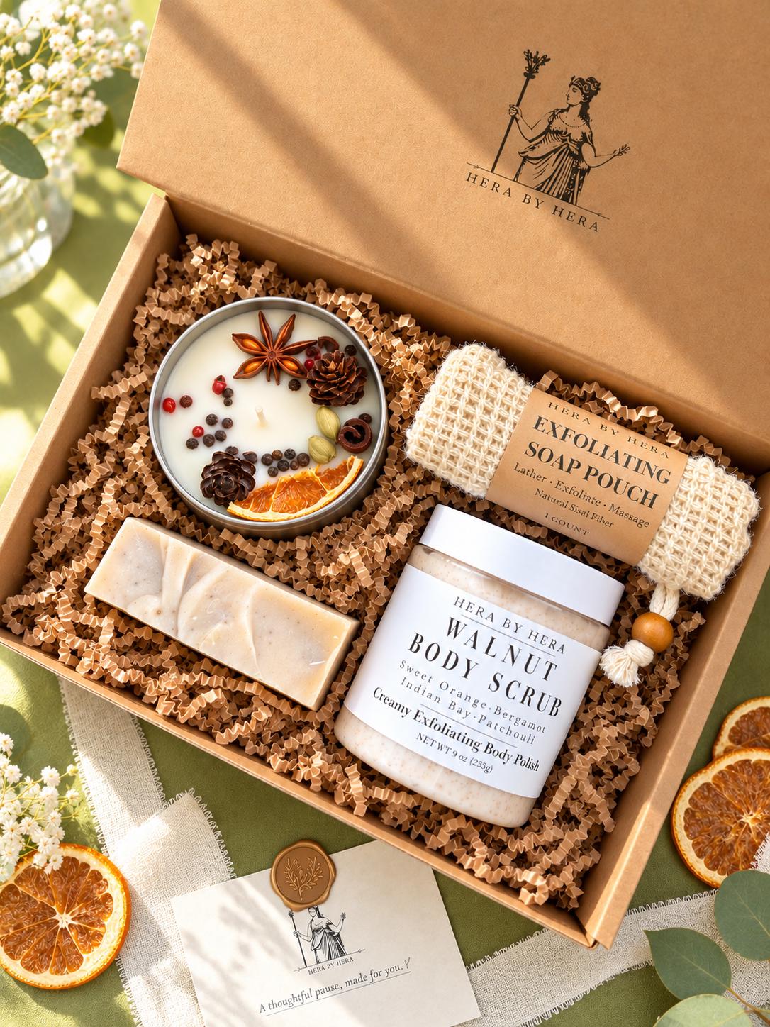 Self Care Gift Box with Candle, Body Scrub, Handmade Soap & Exfoliating Pouch | Cozy Spa Gift for Her