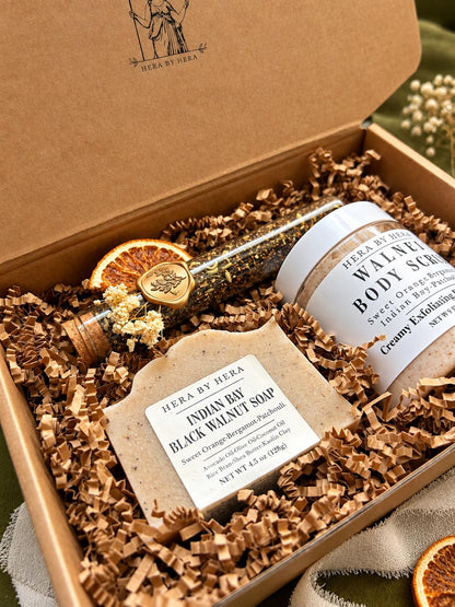 Cozy Self Care Gift Set for Her, Walnut Body Scrub & Handmade Soap, Loose Leaf Tea, Relaxation Gift Box, Fall Birthday Gift