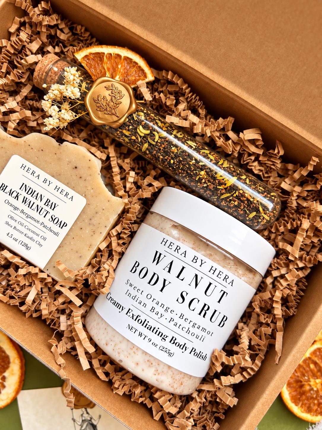 Cozy Self Care Gift Set for Her, Walnut Body Scrub & Handmade Soap, Loose Leaf Tea, Relaxation Gift Box, Fall Birthday Gift