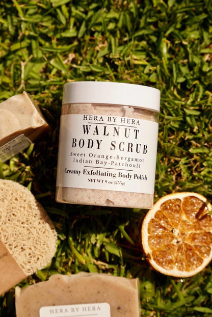 Bath Gift Set with Walnut Body Scrub, Oatmeal Bomb, Soap and Tray