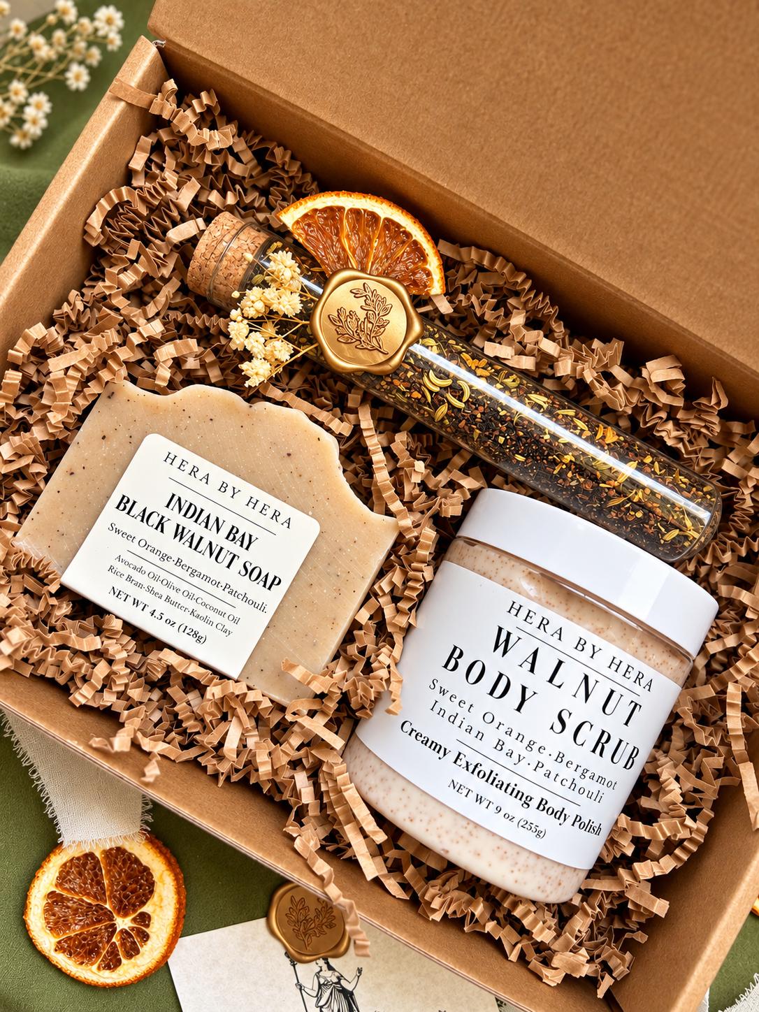 Cozy Self Care Gift Set for Her, Walnut Body Scrub & Handmade Soap, Loose Leaf Tea, Relaxation Gift Box, Fall Birthday Gift