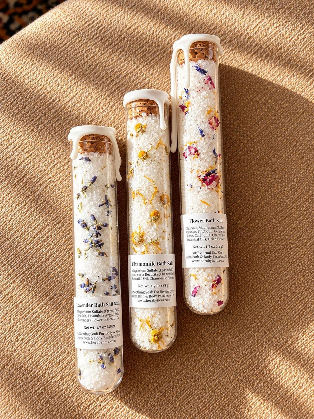 Bath Salt Tube, Glass Floral with Natural Cork and Wax Seal