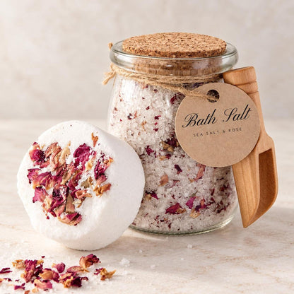Rose Bath Set, Epsom And Sea Salt Soak and Bath Bomb