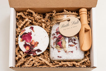 Rose Bath Set, Epsom And Sea Salt Soak and Bath Bomb