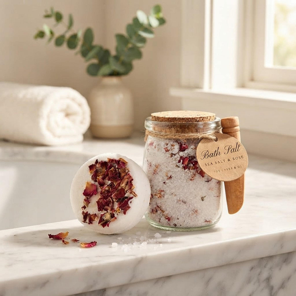 Rose Bath Set, Epsom And Sea Salt Soak and Bath Bomb