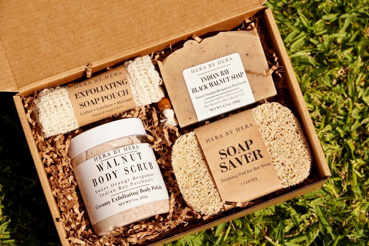 Exfoliating Walnut Scrub Set | Spa Gift Set | Indian Bay Soap Bar With Black Walnut