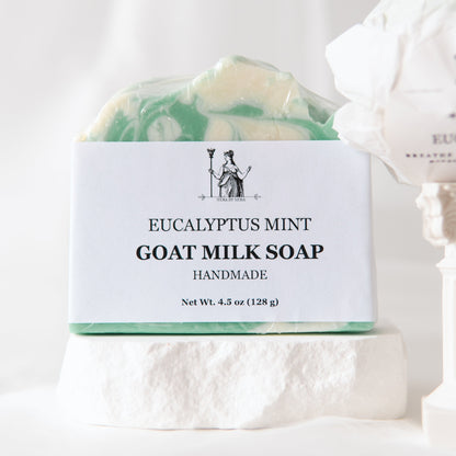 Goat Milk Eucalyptus and Mint Soap in packaging, made with tea tree and eucalyptus oils for refreshing skin care. goat milk soap