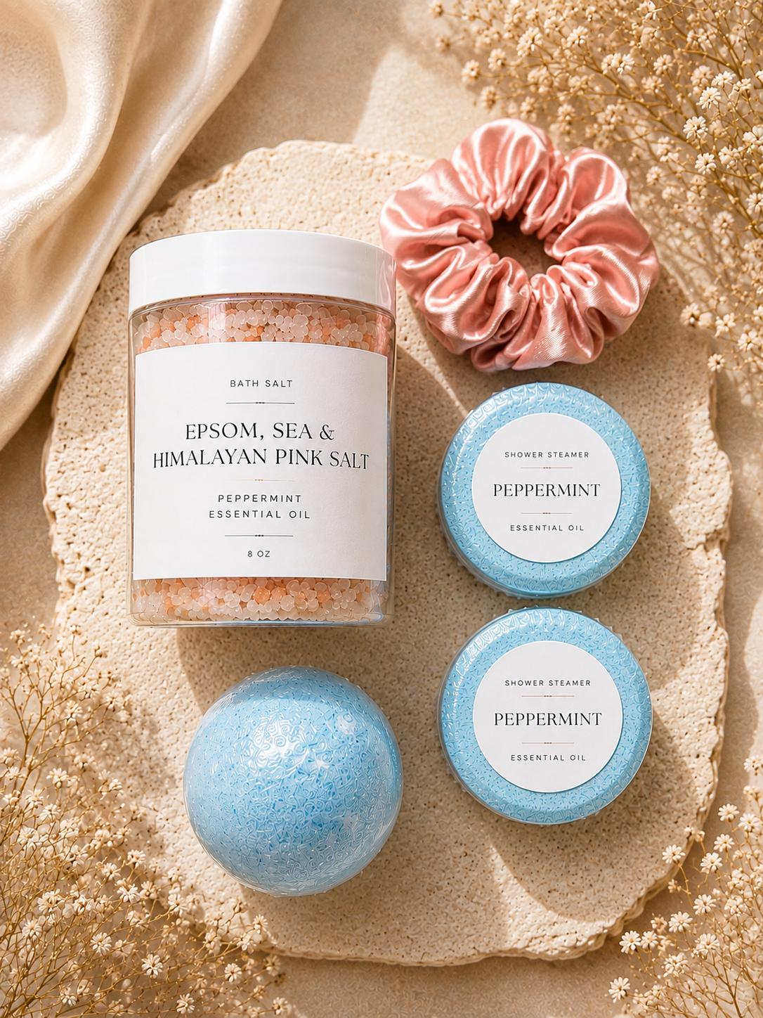 Peppermint Shower Steamer Gift Set with Bath Salts, Bath Bomb, Satin Scrunchie