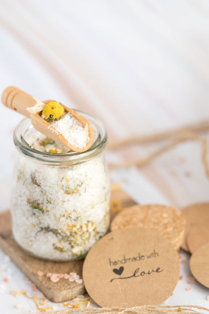 Botanical Bath Salt in Glass Jar with Cork Lid and Bamboo Spoon |Set of 4