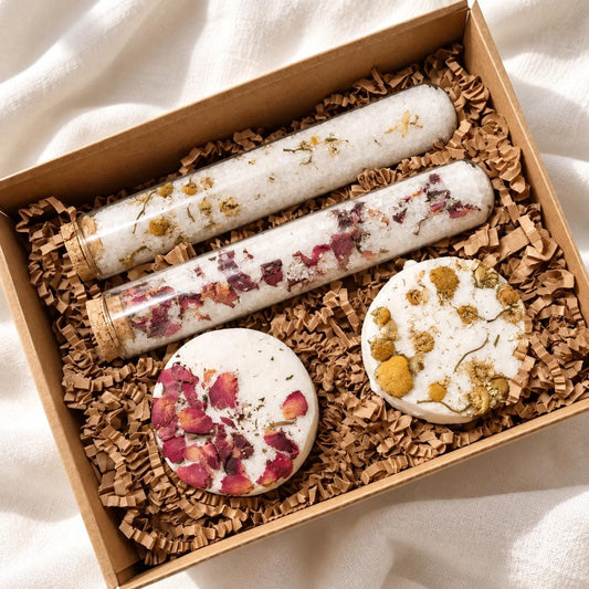 Bath Gift Set, Rose Chamomile Epsom Salt Soak With Fizzy Bombs