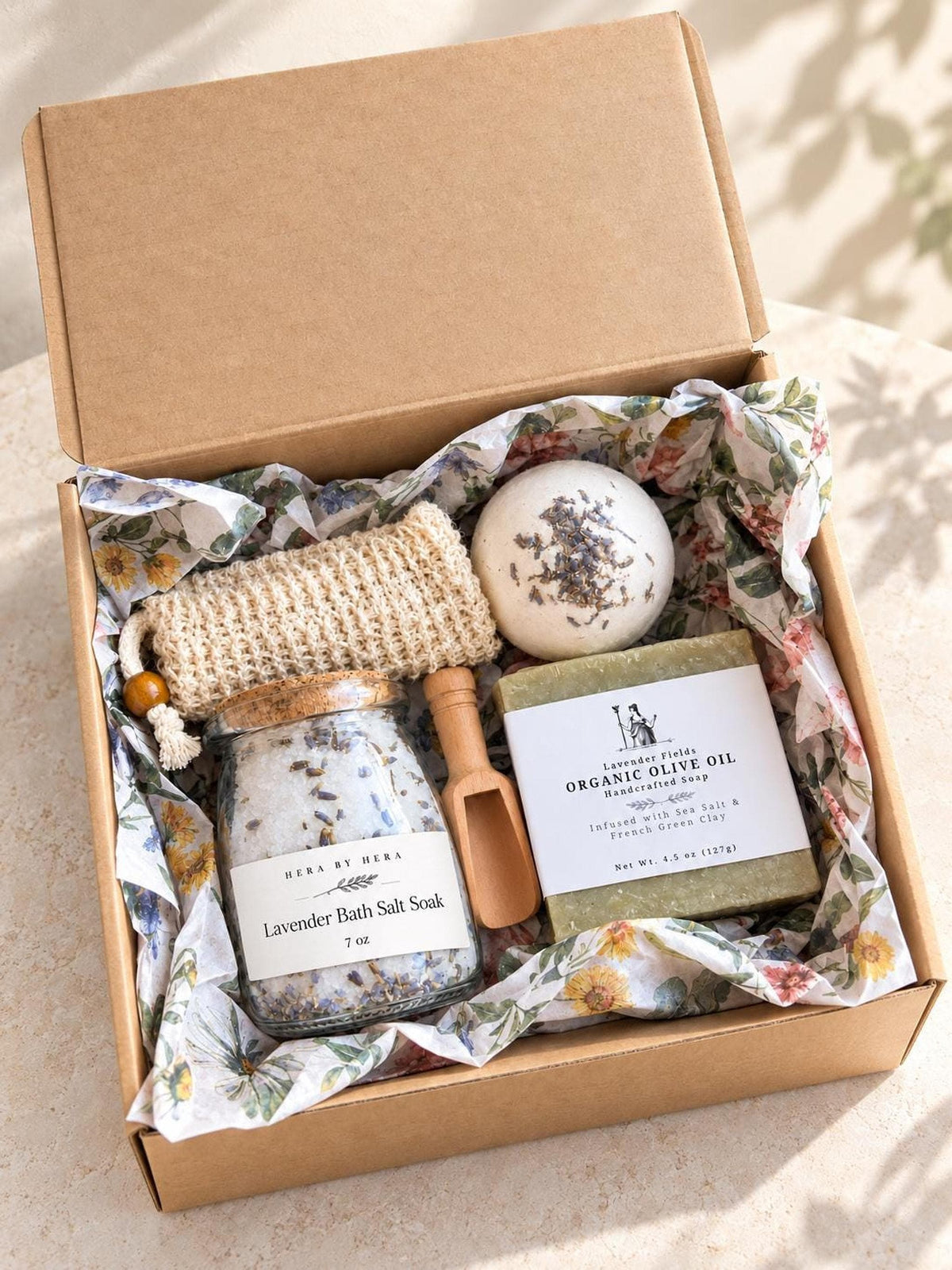 Lavender Spa Gift Set, Bath Salt And Olive Oil Soap In Kraft Box