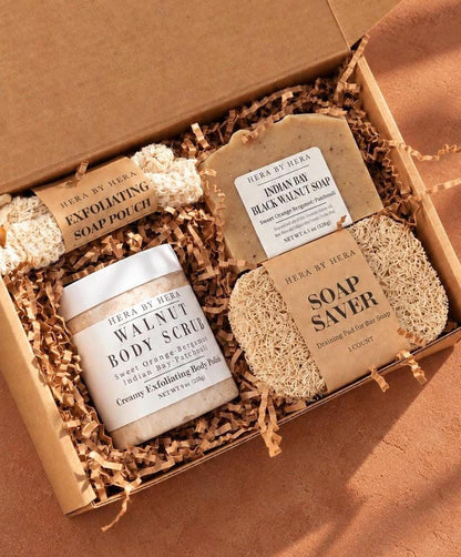 Exfoliating Walnut Scrub Set | Spa Gift Set | Indian Bay Soap Bar With Black Walnut