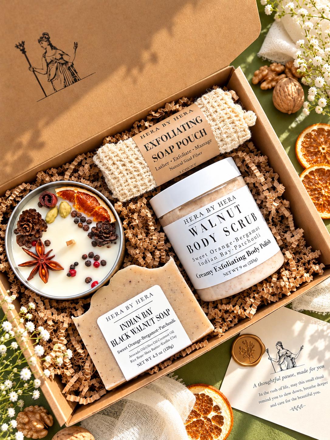 Self Care Gift Box with Candle, Body Scrub, Handmade Soap & Exfoliating Pouch | Cozy Spa Gift for Her