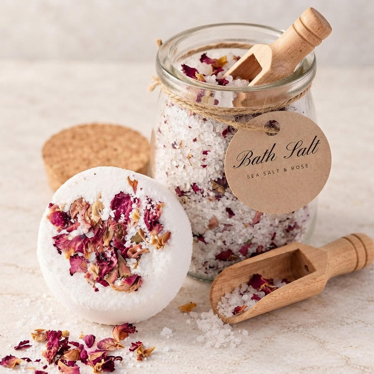 Rose Bath Set, Epsom And Sea Salt Soak and Bath Bomb