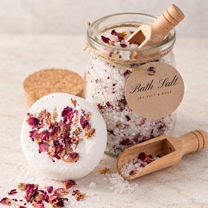 Rose Bath Set, Epsom And Sea Salt Soak and Bath Bomb