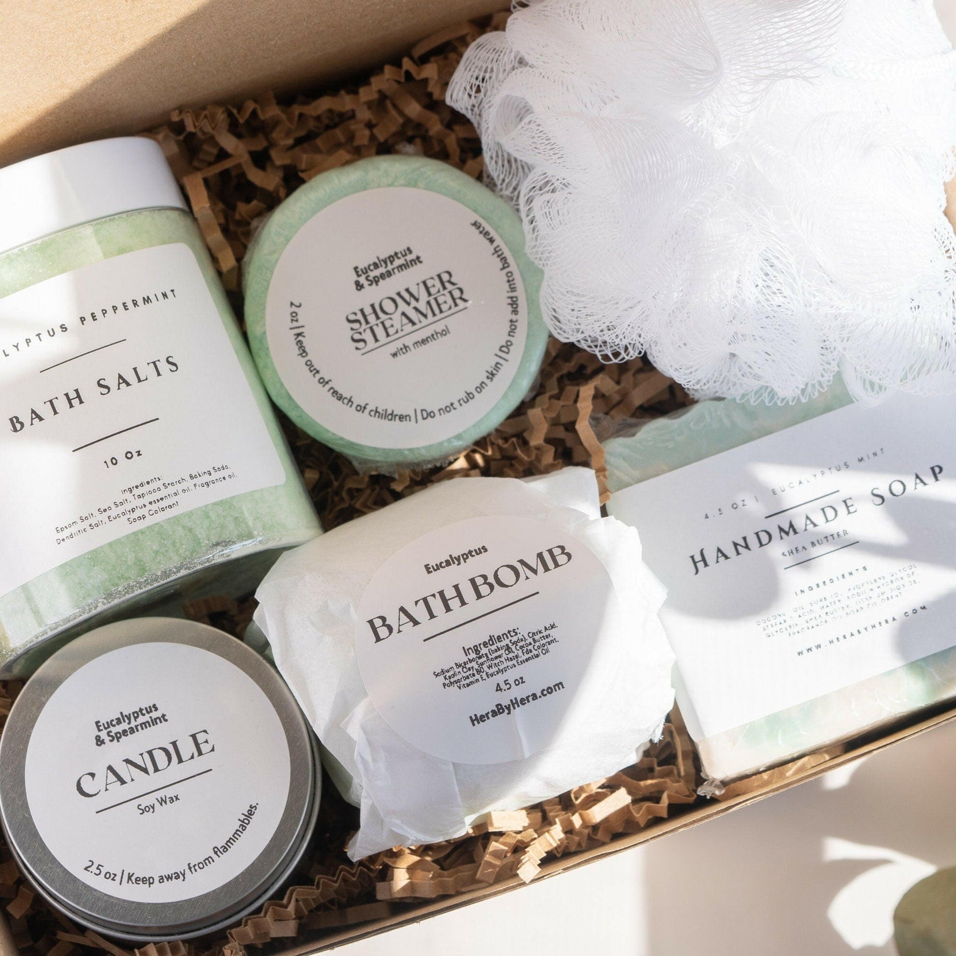 epsom salt bath eucalyptus for sore muscles  Ritual Box with bath salts, bath bomb, shower steamer, goat milk soap, scented candle, and loofah.